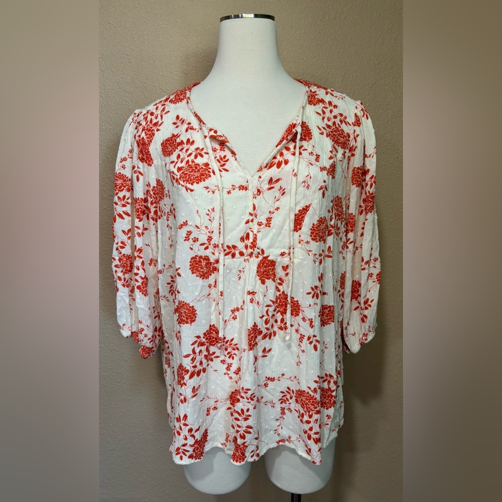 Papermoon Floral V-Neck Blouse - Orange and Cream